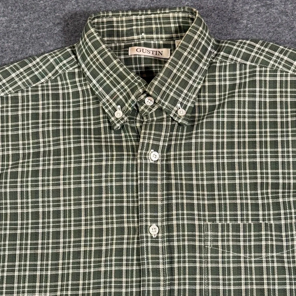 Gustin Mens Green White Plaid Button Down Shirt 100% Cotton Made in USA Size M